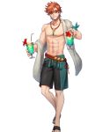  1boy abs argon_(exys) belt drink fire_emblem fire_emblem:_three_houses fire_emblem_heroes flower food full_body highres ice_cream jewelry male_focus navel necklace official_art orange_hair sandals shirtless solo sunglasses swimsuit sylvain_jose_gautier teeth towel transparent_background 