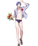  1boy abs asymmetrical_hair bouquet fire_emblem fire_emblem:_three_houses fire_emblem_heroes flower full_body highres intelligent_systems lorenz_hellman_gloucester male_focus navel nintendo official_art open_clothes open_mouth open_shirt p-nekor purple_hair rose sandals seashell shell speedo swimsuit teeth transparent_background violet_eyes 