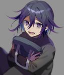  1boy bag black_jacket blurry_foreground commentary_request dangan_ronpa grey_background hair_between_eyes highres holding holding_bag huyuharu0214 jacket long_hair long_sleeves looking_at_viewer lower_teeth male_focus new_dangan_ronpa_v3 object_hug open_mouth ouma_kokichi purple_hair school_uniform shirt signature simple_background smile solo tears violet_eyes 
