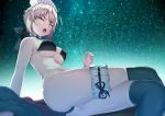  1girl artoria_pendragon_(all) ashino_moto bangs bare_shoulders black_legwear blonde_hair breasts choker commentary_request crossed_legs eyebrows_visible_through_hair fate/grand_order fate/stay_night fate_(series) frilled_choker frills from_below maid_headdress medium_breasts night night_sky open_mouth saber_alter sidelocks sitting sky star_(sky) starry_sky swimsuit thigh-highs thigh_strap tongue tongue_out under_boob yellow_eyes 