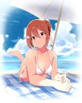  1girl beach beach_umbrella bikini blue_sky blush breasts clouds day hair_ornament hair_ribbon highres looking_at_viewer medium_breasts motsutoko ocean outdoors pink_eyes redhead ribbon sand short_ponytail side-tie_bikini sky solo swimsuit umbrella water wet white_bikini white_ribbon yuuki_yuuna yuuki_yuuna_wa_yuusha_de_aru yuusha_de_aru 