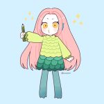 1girl blue_background blush full_body holding holding_pencil long_hair long_sleeves looking_at_viewer nokanok original pencil pink_hair sidelocks simple_background solo sparkle standing twitter_username very_long_hair yellow_eyes 