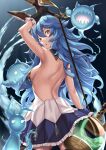  1girl animal_ears arm_up armpits back backless_dress backless_outfit bangs bare_back black_gloves blue_hair blue_skirt breasts dress erune ferry_(granblue_fantasy) ghost gloves granblue_fantasy hair_between_eyes highres holding_whip jewelry long_hair looking_at_viewer medium_breasts open_mouth rabbit_ears sideboob single_earring skirt takanashi-a vial wavy_hair whip yellow_eyes 