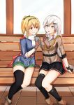  2girls absurdres barrette belt bench black_gloves black_legwear black_skirt blonde_hair blue_jacket boots breasts brown_footwear brown_gloves brown_jacket cellphone girls_frontline gloves green_shorts grey_eyes grey_hair hair_ribbon hairband highres huge_filesize jacket long_hair military military_uniform multiple_girls phone ponytail red_eyes ribbon scarf shirt shorts silver_hair single_thighhigh sitting sitting_on_bench skirt smartphone socks sv-98_(girls_frontline) svd_(girls_frontline) svd_fun thigh-highs uniform white_shirt 