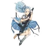  1girl :o ads_(girls_frontline) ads_assault_rifle air_bubble ankle_strap assault_rifle bangs barefoot blue_dress blue_eyes blue_hair blush bubble combat_knife dress feet floating_hair full_body girls_frontline gloves gun hairband holding holding_gun holding_weapon knife logo long_hair official_art open_mouth power_symbol-shaped_pupils prosthesis prosthetic_leg puffy_short_sleeves puffy_sleeves rifle russian_text short_sleeves sidelocks solo symbol-shaped_pupils transparent_background two-tone_dress underwater weapon white_dress white_gloves xiao_chichi 