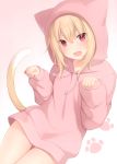  absurdres amashiro_natsuki animal_ears animal_hood bangs bare_thighs blonde_hair cat_ears cat_hood cat_paws cat_tail clenched_hand eyebrows_visible_through_hair fang feet_out_of_frame happy head_tilt highres hood hood_up hoodie legs open_mouth original paw_pose paws pink_background red_eyes sidelocks simple_background smile tail thighs two-tone_background very_long_sleeves white_background 