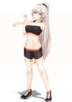  1girl absurdres barcode_tattoo bare_legs barrette bike_shorts black_shorts black_sports_bra breasts eyebrows_visible_through_hair girls_frontline grey_eyes grey_hair hair_ribbon hand_up highres jewelry long_hair looking_at_viewer medium_breasts navel ponytail ribbon ring shoes short_shorts shorts silver_hair smile sneakers solo sports_bra sportswear stomach svd_(girls_frontline) svd_fun tattoo very_long_hair white_background 