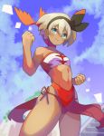  1girl aqua_eyes bandeau bangs black_hairband blush breasts clenched_hands closed_mouth clouds commentary_request cosplay day eyelashes from_below gen_8_pokemon grey_hair gym_leader hair_between_eyes hairband hand_up highres katwo_1 legendary_pokemon loincloth navel outdoors panties pokemon pokemon_(game) pokemon_swsh red_panties saitou_(pokemon) short_hair sky smile solo underwear urshifu urshifu_(cosplay) 