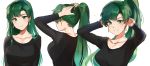  1girl absurdres arms_up bangs black_sweater blush closed_mouth earrings english_text fire_emblem fire_emblem:_the_blazing_blade fire_emblem_heroes from_behind green_eyes green_hair grin high_ponytail highres jewelry long_hair long_ponytail looking_at_viewer lyn_(fire_emblem) ormille smile sweater tying_hair 