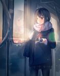  1girl bag bangs black_hair black_legwear black_skirt blue_jacket book brown_hair commentary_request ground_vehicle highres holding holding_book jacket kotomi_alpaca lens_flare original pleated_skirt reflection scarf school_bag school_uniform sidelocks skirt solo standing train train_interior window winter_clothes 