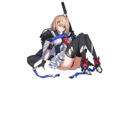  1girl acr_(girls_frontline) ahoge ankle_boots arm_support ass assault_rifle bangs black_gloves black_jacket black_legwear black_panties blonde_hair blue_eyes blush boots breasts bushmaster_acr closed_mouth damaged fingerless_gloves full_body girls_frontline gloves gun hair_behind_ear hair_between_eyes hair_ornament hairclip holding jacket looking_at_viewer medium_breasts mole mole_under_eye official_art one_eye_closed padded_cloak padding panties remington_acr remington_arms rifle saitou_masatsugu short_hair sidelocks sitting skirt snap-fit_buckle solo thigh-highs thigh_strap thighs torn_clothes transparent_background trigger_discipline underwear watermark weapon white_skirt 