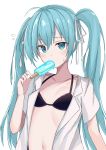  1girl absurdres ahoge bikini black_bikini breasts collarbone commentary eating food hair_ribbon hand_up hatsune_miku highres holding holding_food long_hair maud0239 navel open_clothes open_shirt popsicle raised_eyebrow ribbon shirt short_sleeves small_breasts solo sweat swimsuit twintails upper_body very_long_hair vocaloid white_background white_ribbon white_shirt 