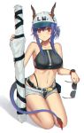  1girl arknights bangs bare_arms bare_shoulders baseball_cap belt bikini black_bikini blue_hair blush breasts ch&#039;en_(arknights) collarbone commentary_request cundang dragon_horns dragon_tail grey_shorts hair_between_eyes hat highleg highleg_bikini holding holding_eyewear horns horns_through_headwear long_hair looking_at_viewer medium_breasts navel open_fly parted_lips red_eyes seiza shadow short_shorts shorts sidelocks simple_background sitting solo stomach sunglasses swimsuit tail thighs watch watch white_background white_headwear 