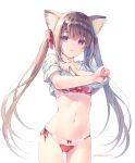  1girl animal_ear_fluff animal_ears ass_visible_through_thighs bra breasts brown_eyes brown_hair cat_ears closed_mouth cowboy_shot hair_ribbon lace lace-trimmed_bra lace-trimmed_panties long_hair looking_at_viewer medium_breasts miwabe_sakura mole mole_under_eye navel no_pants original panties red_bra red_panties ribbon shirt short_sleeves side-tie_panties simple_background solo standing stomach thighs twintails underwear undressing very_long_hair white_background white_shirt 