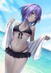 1girl bangs bare_shoulders beach bikini black_bikini blue_sky blurry blurry_background blush breasts closed_mouth collarbone dark_skin fate/prototype fate/prototype:_fragments_of_blue_and_silver fate_(series) hassan_of_serenity_(fate) jacket long_sleeves looking_at_viewer medium_breasts mizumok1 navel ocean off_shoulder open_clothes open_jacket purple_hair short_hair sky swimsuit thighs violet_eyes white_jacket 