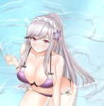  1girl absurdres azur_lane bikini blue_butterfly braid breasts butterfly_hair_ornament crown_braid dunkerque_(azur_lane) dunkerque_(summer_sucre)_(azur_lane) front-tie_bikini front-tie_top grey_hair hair_ornament highres huge_filesize large_breasts long_hair looking_at_viewer ponytail purple_bikini silver_hair sitting solo swimsuit violet_eyes water woon 