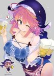  &gt;_&lt; 1girl :d ;) alcohol animal_hat bare_shoulders beer beer_mug blue_eyes blue_headwear blue_swimsuit breasts chibi chibi_inset closed_mouth collarbone commentary_request cup drinking_glass grey_background hat heart highres holding holding_cup large_breasts long_hair looking_at_viewer mug okunoda_miyoi one-piece_swimsuit one_eye_closed open_mouth pink_hair puuakachan shirt simple_background smile spoken_heart swimsuit touhou wet wet_clothes wet_shirt whale_hat white_shirt xd 