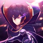  1boy artist_name black_hair cape character_name close-up code_geass commentary copyright_name ctiahao geass glowing glowing_eye lelouch_lamperouge looking_at_viewer pointing pointing_at_viewer short_hair solo violet_eyes 