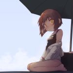  1girl barefoot beach_umbrella black_swimsuit brown_hair commentary_request highres jacket kantai_collection looking_at_viewer name_tag no_headgear open_clothes open_jacket school_swimsuit seiza short_hair sitting smile solo swimsuit tsuzuri_(tu-san_house) umbrella white_jacket yellow_eyes yukikaze_(kantai_collection) 