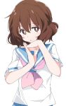  1girl :&lt; bangs blouse blue_sailor_collar blush brown_eyes brown_hair closed_mouth eyebrows_visible_through_hair hair_between_eyes hands_clasped hands_together hands_up hibike!_euphonium ixy kitauji_high_school_uniform looking_at_viewer neckerchief oumae_kumiko own_hands_together pink_neckwear sailor_collar school_uniform shirt short_hair short_sleeves simple_background solo upper_body white_background white_blouse white_shirt 