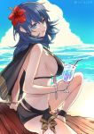  1girl beach bikini black_bikini blue_eyes blue_hair blue_sky breasts byleth_(fire_emblem) byleth_eisner_(female) closed_mouth clouds cup day drinking_straw fire_emblem fire_emblem:_three_houses fire_emblem_heroes flower from_side glass hair_flower hair_ornament highres holding holding_cup large_breasts looking_to_the_side osi3258 outdoors sideboob sitting sky smile solo swimsuit twitter_username water 