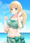  1girl absurdres beach blonde_hair blue_sky bow closed_mouth clouds day fire_emblem fire_emblem:_three_houses fire_emblem_heroes green_eyes highres ingrid_brandl_galatea long_hair midriff outdoors pppepetps sky smile solo swimsuit water 