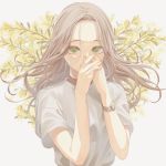  1girl brown_hair covered_mouth floating_hair flower green_eyes grey_shirt highres long_hair looking_at_viewer orange_nails original plant rczxo shirt short_sleeves solo upper_body watch watch yellow_flower 