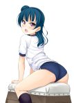  1girl ass bangs black_legwear blue_buruma blue_hair buruma commentary_request feet_out_of_frame gym_uniform highres hino_minato_(spec.c) kneehighs long_hair looking_at_viewer love_live! love_live!_sunshine!! open_mouth shirt side_bun simple_background sitting solo t-shirt tsushima_yoshiko vaulting_horse violet_eyes white_background white_shirt 