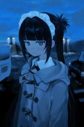  1girl artist_name black_hair blue_theme blunt_bangs car clouds coat commentary_request crosswalk dim_lighting duffel_coat expressionless frilled_hairband frills grass grey_coat grey_eyes hairband headdress highres iwonu lamppost light_rays long_hair looking_at_viewer maid maid_headdress motor_vehicle original outdoors road sky solo standing street twintails upper_body white_hairband white_headdress 