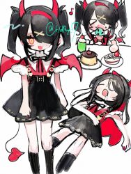  >_< 1girl :d ame-chan_(needy_girl_overdose) black_ribbon black_skirt cake chibi closed_eyes collar collared_shirt commentary_request demon_horns demon_wings fang food glowing_pupils hair_ornament hairband heart heart_tail highres horns ice_cream kneehighs multiple_views naishukketsukata needy_girl_overdose one_eye_covered open_mouth pudding red_hairband ribbon saliva shirt simple_background skin_fang skirt sleeping smile socks solo suspenders tail twintails twitter_username white_background wings x_hair_ornament 