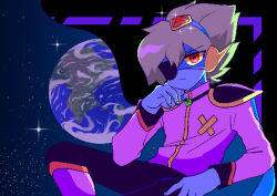  1boy absurdres black_pants blue_skin cape captain_spaceboy closed_mouth colored_sclera colored_skin commentary_request double-parted_bangs earth_(planet) green_hair hair_between_eyes highres long_sleeves looking_at_viewer male_focus omori pants planet red_eyes short_hair solo yellow_sclera zabalam_inana 