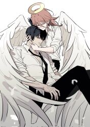  2boys angel_devil_(chainsaw_man) angel_wings black_hair black_necktie black_pants chainsaw_man collared_shirt commentary_request earrings eyelashes feathered_wings halo hayakawa_aki highres hug jewelry korean_commentary long_hair male_focus multiple_boys necktie open_collar pants piercing ponytail red_eyes red_hair shirt shirt_tucked_in simple_background sleeves_rolled_up stud_earrings tus_oo white_background white_shirt white_wings wing_collar wings 