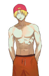  1boy abs absurdres backwards_hat baseball_cap blonde_hair collarbone commentary_request drawstring hands_in_pockets hat highres k_senior1114 korean_commentary lollipop_in_mouth looking_to_the_side male_focus male_underwear male_underwear_peek navel no_nipples pants red_hat red_pants sakamoto_days shin_(sakamoto_days) short_hair simple_background solo toned toned_male topless_male underwear white_background 