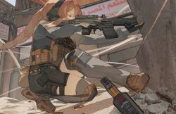 1girl assault_rifle firing jack_daniel's long_hair original pistol sniper trigger_discipline