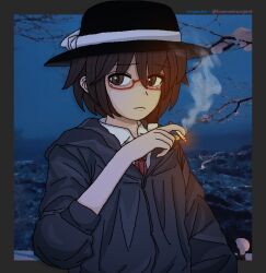  1girl artist_name black_coat black_hat bow brown_eyes brown_hair cigarette closed_mouth coat collared_shirt cross/respecter english_commentary hair_ribbon hat hat_bow holding holding_cigarette looking_to_the_side necktie night red-framed_eyewear red_necktie ribbon shirt short_hair sleeves_rolled_up solo touhou tree twitter_username usami_renko white_ribbon white_shirt 