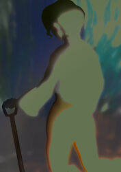  1girl abstract absurdres bloom commentary_request cowboy_shot from_behind highres holding_tool hotoke_party kazami_yuuka kneeling muted_color outdoors short_hair sky solo touhou 