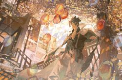  1boy anton_ivanov balloon black_shirt coat coat_on_shoulders collared_shirt headband highres jacket looking_to_the_side male_focus multicolored_hair outdoors pants red_streaks shirt short_hair smile spiky_hair standing streaked_hair striped_headband white_jacket white_pants yolk72 zenless_zone_zero 