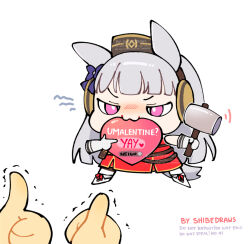  1boy 1girl animal_ears blunt_bangs boots bow chibi commentary double_thumbs_up dress ear_bow ear_ribbon english_commentary gloves gold_ship_(red_strife)_(umamusume) gold_ship_(umamusume) grey_hair hat heart holding holding_mallet horse_ears horse_girl horse_tail long_hair looking_at_viewer mallet motion_lines pantyhose pillbox_hat pink_eyes purple_bow red_bow red_dress shibedraws sleeveless sleeveless_dress tail thumbs_up trembling umamusume valentine white_boots white_gloves white_pantyhose 