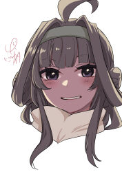  1girl absurdres ahoge artist_logo brown_hair commentary_request double_bun grey_hairband grin hair_bun hairband highres kantai_collection kongou_(kancolle) logo long_hair lr_hijikata parted_lips scarf smile solo upper_body violet_eyes 