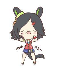  1girl animal_ears bandaid bandaid_on_cheek bandaid_on_face bandeau bike_shorts black_hair black_shorts blue_bandeau blue_sports_bra blush blush_stickers chibi closed_eyes crying ear_ornament hair_ornament hairclip highres hood hoodie horse_ears horse_girl horse_tail jacket low-cut_armhole open_mouth red_hoodie red_jacket short_hair shorts simple_background skirt sleeveless sleeveless_hoodie sleeveless_jacket solo sports_bra tail tearing_up ukichan22905846 umamusume winning_ticket_(get_to_winning!)_(umamusume) winning_ticket_(umamusume) wristband 