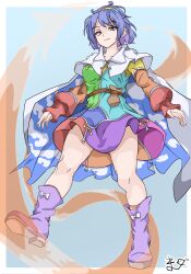  1girl absurdres bag blue_background blue_eyes blue_hair border cape closed_mouth clouds colored_inner_hair commentary_request full_body hairband highres kakineko long_sleeves looking_at_viewer multicolored_hair multicolored_hairband purple_hair purple_shoes shoes short_hair signature simple_background sky_print solo tenkyuu_chimata touhou white_border white_cape zipper 