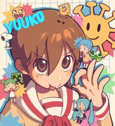  2boys 3girls aioi_yuuko bag blue_hair brown_eyes brown_hair brown_shorts character_name chibi closed_eyes closed_mouth commentary creeper cube_hair_ornament duffel_bag english_commentary english_text food green_hair hair_ornament hatsune_miku highres holding holding_food holding_spring_onion holding_vegetable koiwai_yotsuba long_hair long_sleeves looking_at_viewer minecraft multiple_boys multiple_girls naganohara_mio nichijou ok_sign peanuts_(comic) puyo_(puyopuyo) puyopuyo red_skirt school_uniform short_hair short_twintails shorts skirt snoopy socks spongebob_squarepants spongebob_squarepants_(series) spring_onion sunnkyazawa tokisadame_school_uniform tongue tongue_out twintails upper_body vegetable very_long_hair vocaloid white_socks yotsubato! 