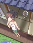  barefoot blue_eyes brown_hair camisole flat_chest from_above original ponytail popsicle pov shorts solo urichi veranda wind_chime 