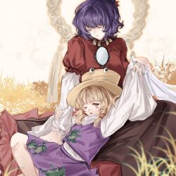  2girls alulue1 animal_print arm_up blonde_hair brown_skirt closed_eyes commentary frog_print green_eyes hand_on_another's_arm hand_up highres lap_pillow long_sleeves medium_hair moriya_suwako multiple_girls one_eye_closed outdoors parted_lips purple_hair purple_skirt purple_vest pyonta red_shirt shirt sidelocks sitting skirt smile touhou untranslatable_commentary vest white_shirt white_sleeves yasaka_kanako 