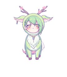  1girl :< absurdres arm_at_side braid braided_bangs ceres_fauna chibi chibi_only commentary deer_costume double-parted_bangs english_commentary full_body green_hair hand_up highres hololive hololive_english nemu_(ceres_fauna) sher_(imnotsher) simple_background solo virtual_youtuber white_background yellow_eyes 