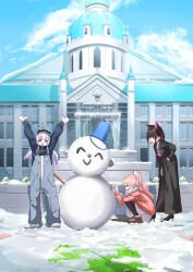  3girls animal_ears arms_up beanie black_choker black_coat black_hair blue_archive blue_hair blue_jacket blue_overalls blue_sky building cat_ears cat_girl character_snowman choker clouds coat colored_inner_animal_ears colored_inner_hair day doodle_sensei_(blue_archive) extra_ears fountain goggles goggles_on_head grass green_sailor_collar halo hat highres jacket kazusa_(blue_archive) kumakono long_hair low_twintails mittens multicolored_hair multiple_girls natsu_(blue_archive) neckerchief open_mouth outdoors overalls pantyhose pink_hair pink_halo pink_jacket pink_neckerchief ponytail red_eyes reisa_(blue_archive) sailor_collar scarf school_uniform sensei_(blue_archive) serafuku short_hair skirt sky smile snow snowman squatting star_halo twintails two-tone_hair white_mittens white_scarf white_serafuku white_skirt winter winter_clothes 