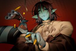  1boy ammunition anglerfish_boy ascot black_sclera blue_eyes blue_skin br_not_here brown_coat brown_hair claws coat coat_partially_removed colored_sclera colored_skin english_commentary extra_eyes fins gun head_fins highres holding holding_gun holding_weapon illicium looking_at_viewer male_focus merman monster_boy pressure_(roblox) red_background sebastian_solace short_hair solo upper_body weapon 