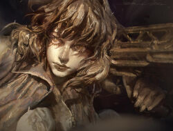  1girl 3d anti-materiel_rifle blender_(medium) closed_mouth coat commentary cyberpunk cyborg dark_background english_commentary entei_ryu faux_traditional_media floating_hair ghost_in_the_shell gun highres holding holding_gun holding_weapon kusanagi_motoko lips making-of_available medium_hair monochrome nose painterly rifle science_fiction sideways_glance signature sniper_rifle solo turning_head upper_body weapon weapon_request zbrush_(medium) 