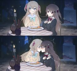  2girls absurdres ahoge aqua_bow aqua_bowtie black_cardigan blue_sailor_collar bow bowtie broken_heart brown_hair building candle cardigan chair closed_mouth collared_shirt commentary commission dress_shirt eating english_commentary evil_neuro-sama food fork from_side hair_between_eyes hair_ornament hair_ribbon heart heart_hair_ornament highres holding holding_fork imminent_kiss incest kiss lady_and_the_tramp leafthreet long_hair long_sleeves meatball multiple_girls neuro-sama night outdoors pasta plate red_bow red_bowtie red_eyes red_ribbon ribbon sailor_collar shirt siblings sisters sitting spaghetti spaghetti_and_meatballs table torn_hair_ribbon twincest twins two_side_up upper_body vedal_ai virtual_youtuber white_shirt yellow_cardigan 