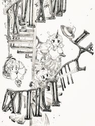  5girls bone bow bucket cat_tail commentary_request cuffs cup dress graphite_(medium) greyscale hair_bobbles hair_bow hair_bun hair_ornament hat hat_ribbon holding holding_bone holding_cup holding_skull horns hoshiguma_yuugi kaenbyou_rin kisume kurodani_yamame looking_at_object medium_hair menotama mizuhashi_parsee monochrome multiple_girls multiple_tails out_of_frame puffy_short_sleeves puffy_sleeves railing ribbon roman_numeral rope sakazuki shackles shirt shoes short_sleeves silk single_horn skirt skull spider_web stairs striped_clothes striped_skirt tail touhou touhou_18th_popularity_poll traditional_media twintails two_tails vertical-striped_clothes vertical-striped_skirt 